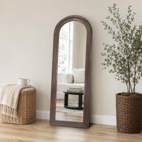 Image of 58x22 Solid Wood Arched Full Length Mirror, Elegant Brown Finish