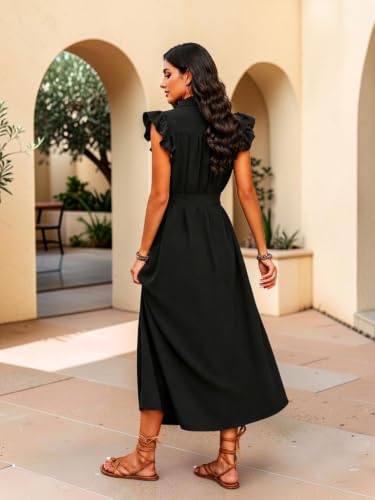 Image of OOMPH! Women's Shirt Midi Dress | Ruffle Sleeves | Button-Down Front | Waist Belt Detail | Collared Neck Casual & Vacation Dress