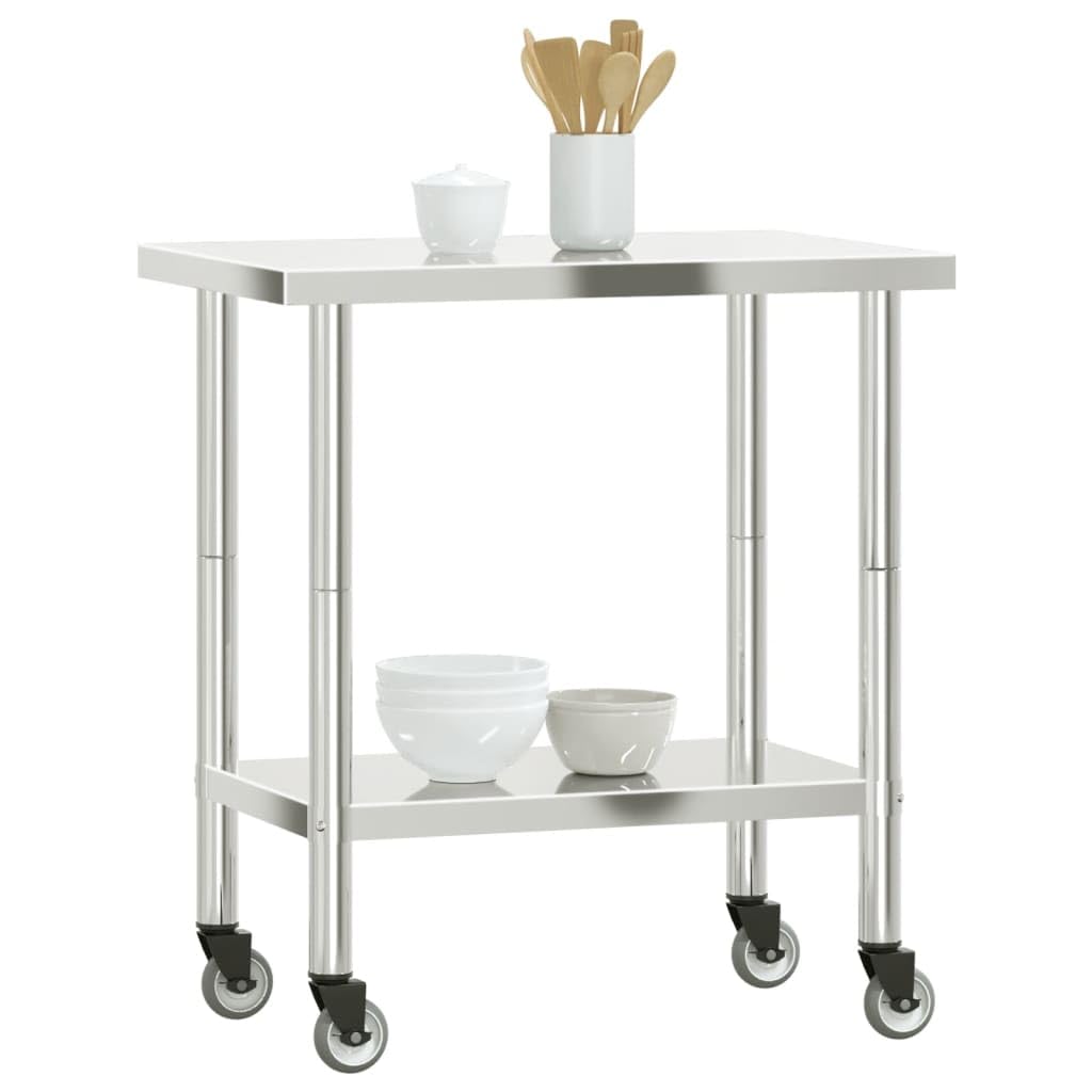 Mesa de trabajo de cocina con ruedas de acero inoxidable, 82,5 x 55 x 85 cm, mesa de gastro móvil para cocina grande y restaurante, con estante, ideal para catering, cantina, panadería y bar