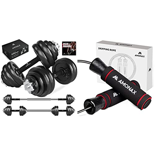 Amonax Pesas y Mancuernas Ajustables 20KG (Par 10 KG), Juego de Pesos Dumbbells Kit Hierro Fundido + Cuerda Saltar, Comba Crossfit Hombre Mujer, Combas para Saltar