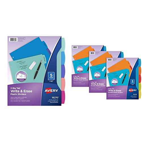 Image of Avery Durable Plastic 5-Tab Write & Erase Big Tab Dividers for 3 Ring Binders, Pastel Brights (16270) & Big Tab Write & Erase Durable Plastic Dividers, 5-Tab Set, Multicolor Brights, 3 Sets (21212)