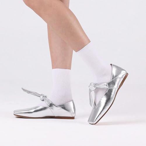 VIMISAOI Square Toe Ballerina Shoes for Women Bow Knots Ballet Flats Mary Jane Flats Slip On Bowtie Strap Flats Silver4