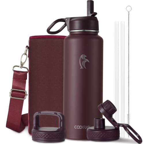 Image of Coolflask 40 oz Water Bottle Insulated with Straw & 3 Leakproof Lids