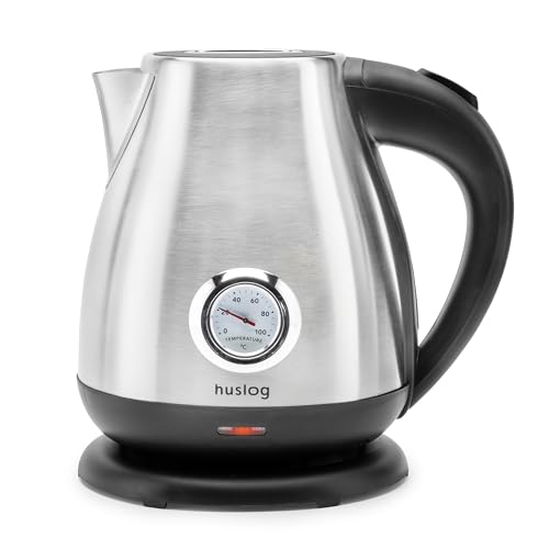 Huslog Bouilloire Électrique Rétro 1,7L, 2200W, Thermomètre Intégré, Chauffage Rapide, Acier Inoxydable, Sans Fil avec Base 360°, Arrêt Automatique,...