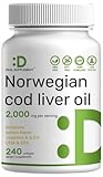 Wild Caught Cod Liver Oil 2,000mg Per Serving, 240 Softgels – Extra Strength EPA DHA Omega 3 with Vitamin D & A – Burpless, Lemon Flavored – Vision, Heart, Brain, & Immune Support