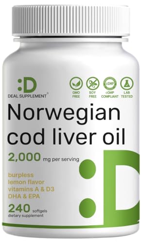 Wild Caught Cod Liver Oil 2,000mg Per Serving, 240 Softgels – Extra Strength EPA DHA Omega 3 with Vitamin D & A – Burpless, Lemon Flavored – Vision, Heart, Brain, & Immune Support