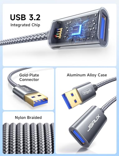 JSAUX 2Pack 10FT+10FT USB 3.0 Extension Cable, Type A Male to Female USB Extender Cord Nylon Braided Compatible with Webcam, Camera, Phone, USB hub, Mouse, Keyboard, Printer, Hard Drive, Xbox-Grey