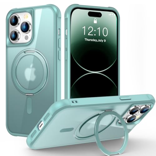 Image of Compatible with iPhone 14 Pro Case with Stand 6.1 inch,Green | Matte Translucent Phone Case for iPhone 14 Pro,360 Magnetic Ring Stand,Compatible Mag-Safe,Military Grade Protection