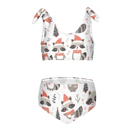 KLL Cute Raccoon Wildlife Christmas Girl 2 Piece Bikini Sets Scoop Neck Bathing Suit Swimming Suits Cute Shoulder Strap