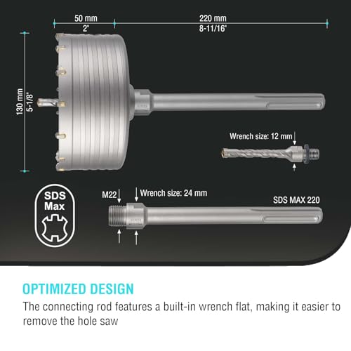 Image of BINOTA 130 mm (5-1 /8 inch) Concrete Hole Saw with SDS-MAX Shank | Tungsten carbide drill bit; SDS-Max shank (220 mm); Cross-type center drill; Dry drilling for concrete /brick /stone /masonry