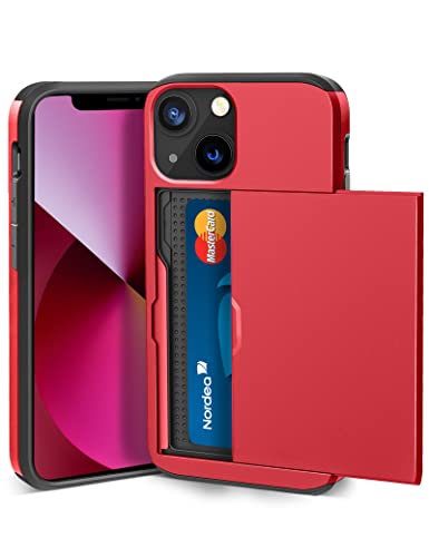 ACOCOBUY for iPhone 13 Case with Card Holder Sliding Cover Hidden Pocket IDs Credit Cards Slot Heavy Duty Shockproof Protective Dual Layer Wallet Phone Cover Back Shell for Men Women 6.1 inch Red