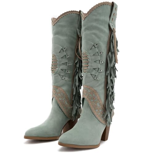 Image of KaroNairy Women Knee High Boots Faux Leather Long Boots Low Chunky Heel Square Toe Side Zipper Fall Tall Boots