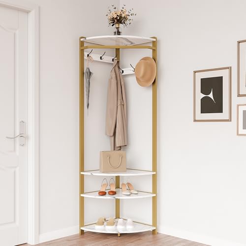 GarveeHome Corner Coat Rack with Shoe Bench Entryway, Corner Hall Tree with 6 Double Hooks, Corner Clothes Rack with Storage Corner Tree with Organizer Shoe Bench Shelf for Entryway, Hallway, Closet