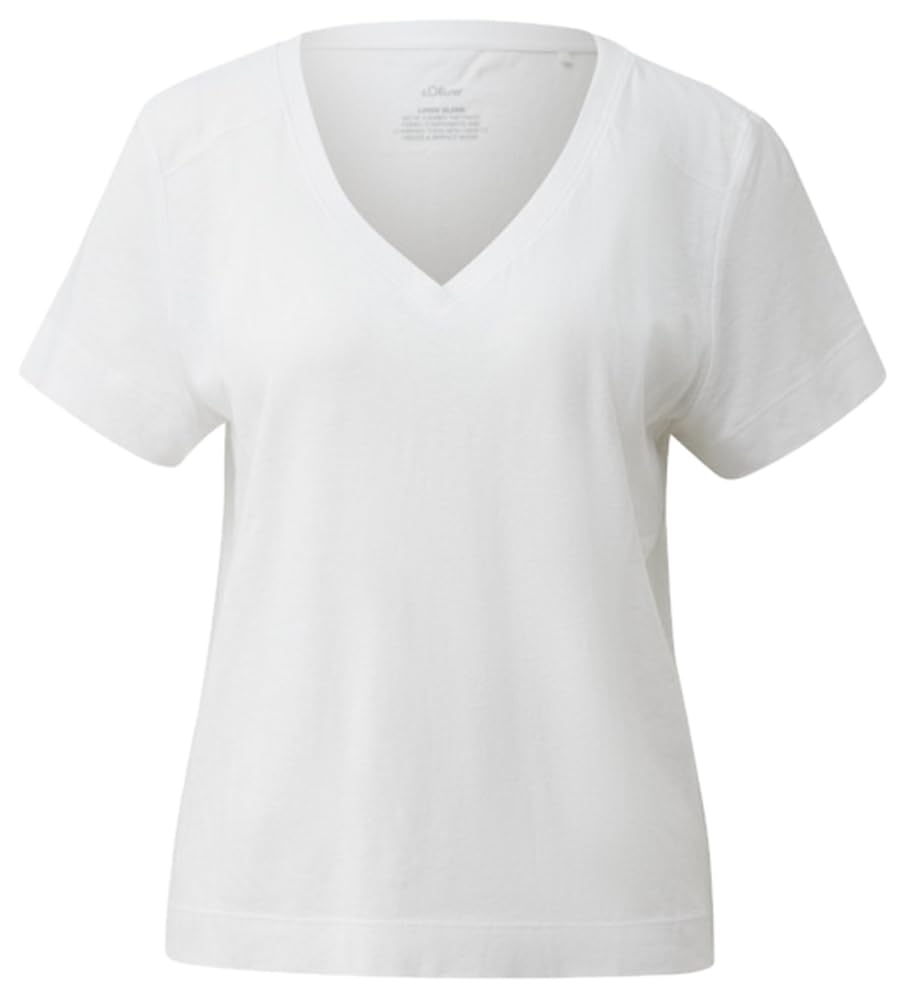 s.Oliver Women's 2178635 V-Neck Linen Mix T-Shirt (Pack of 1), White, 16