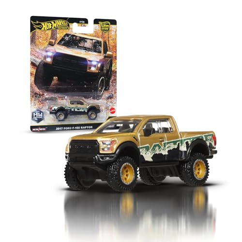 Hot Wheels Premium Car Culture '17 Ford F150 Raptor Coche de juguete metálico coleccionable a escala 1:64 Vehículo todoterreno con neumáticos Real Riders, JBK70