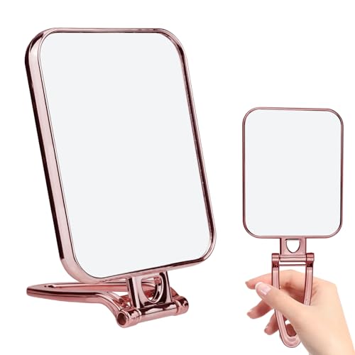 Leikedun Folding Makeup Mirror with Stand, Desk Mirror Travel Hand held Mirrors Double Sided 270 Degree Table Mirrors for Travel Shaving Bedroom Bathroom(Rose Gold,15 x 12 cm)