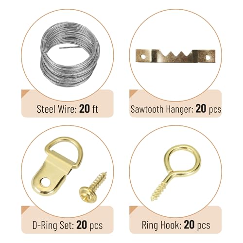 Image of Mr. Pen- Picture Hanging Kit, 410 pcs, Gold, Assorted Hooks, Nails | Sawtooth Hangers, D-Rings, Steel Wire, Ring Hooks, Home Wall Mount Hardware for Frames, Canvas, Decor