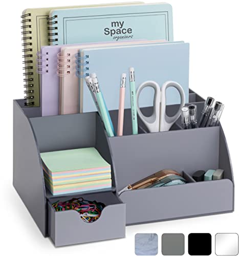Acrylic Office Desk Organizer with Drawer, 9 Compartments, All in One Office Supplies and Cool Desk Accessories Organizer, Enhance Your Office Decor with This Desktop Organizer (Gray)