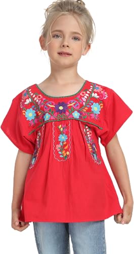 Image of YZXDORWJ Mexican Blouse for Girls Traditional Embroidered Summer Short Sleeve Peasant Blouse for Kids