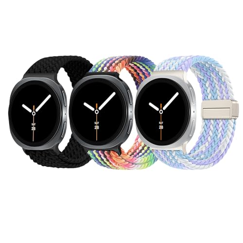 Image of 3 Pack Magnetic Braided Band for Samsung Galaxy Watch 9 8 40mm 44mm, Galaxy Watch8 Classic 46mm, One Click No Gap Elastic Stretchy Nylon Fabric Sport Strap for Women Men (Black /Rainbow /Violet)