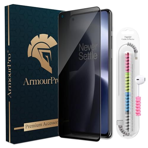 Image of ArmourPro Privacy Tempered Glass for Oneplus Nord 2T, Nord 2, Nord CE, Anti Spy Anti Peeping Screen Protector, Edge-to-Edge Full Coverage, 9H Hardness with Cable Protector | Black
