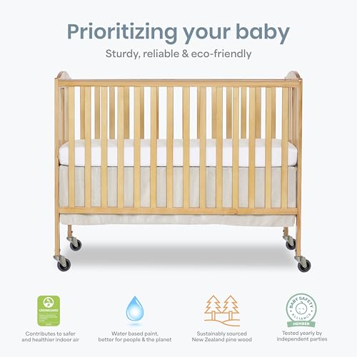 Image of Dream On Me Folding Full Size Convenience Crib In Natural, Two Adjustable Mattress Height Positions, Comes With Heavy Duty Locking Wheels, Flat Folding