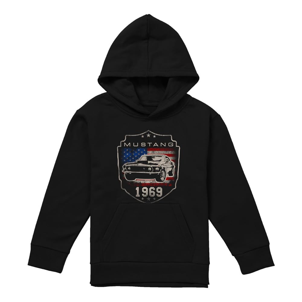 Ford Mustang 1969 Flag Youth Kids Boy Girls Pull-Over Hoodie, Black, 12-13