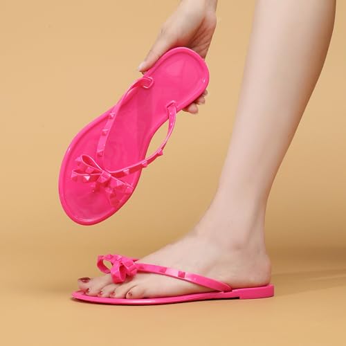 Image of Studded Jelly Shoes for Womens Bow Flip Flops Jellies Sandals Flat Black Summer Beach Thong with Rivets Strappy Slides Slip On