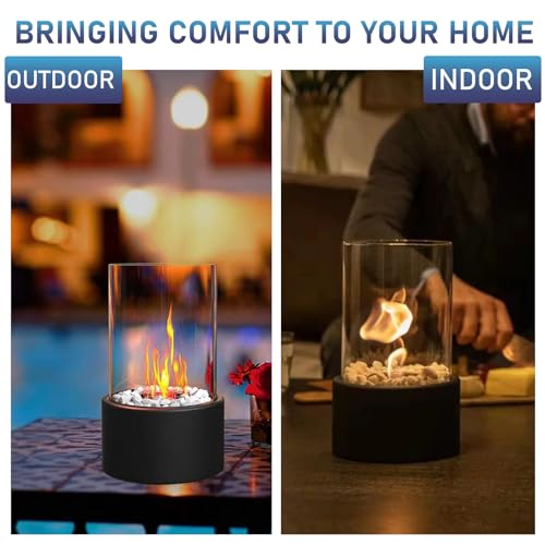 Jubor Ethanol Tafelhaardset, tafelhaardset met glas, bio-ethanol haard met stalen basis en witte decoratieve stenen, bio-ethanol tafelhaard, voor binnen en buiten, voor terras, balkon, tuindecoratie - Afbeelding 3