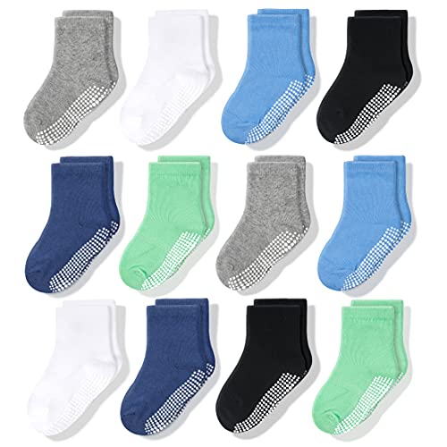 Cozyway Non Slip Crew Grip Socks, 12 Pairs For Boys, Solid Black|White|Gray|Aqua Blue|Sky Blue|Lime Green, 1-3 Years Old #TOP28