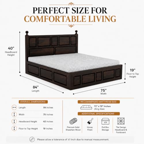 Image of SHISSO Solid Sheesham Wood King Size Bed with Storage Box | Wooden King Size Double Bed Cot Palang with Storage | Furniture for Bedroom,Home,Hotel | Lattu Design | Walnut Finish