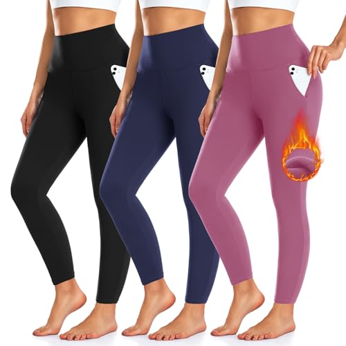 3 Pack Fleece Lined Leggings Women with Pockets -Warm Winter Yoga Pants for Women Thermal Running Workout Leggings