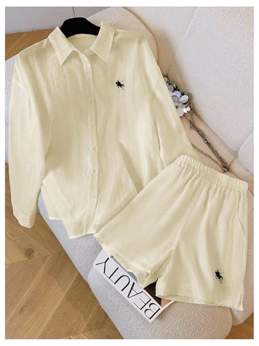 Image of SweatyRocks Women's 2 Piece Outfits Button Down Shirts Lounge Linen Sets and Mini Shorts Pajama Gauze Set Beachwear