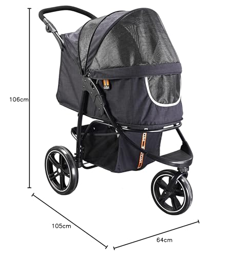 MY DUQUE COOPER - Hundewagen & Haustier Buggy bis 32 kg mit Ablagekorb für Einkäufe, einfach faltbar, 3-Fach höhenverstellbar, Soft Touch Griffe, reflektierend und im modernes Design - Schwarz