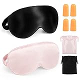 Silk Sleep Mask, ProChosen 2 Packs Double Layer Soft Smooth Eye Mask, Elastic Band Ear Plugs, Comfortable Sleeping Mask Blindfold, Blocks Light for Women Men Night’s Sleep Travel Nap( Black, Pink)