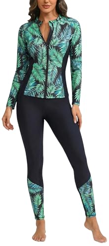 Ausing Rashguard Set Femme 2 Pièces Combinaison Surf 2 pièce Femme Integral Maillot de Bain Manche Longue L