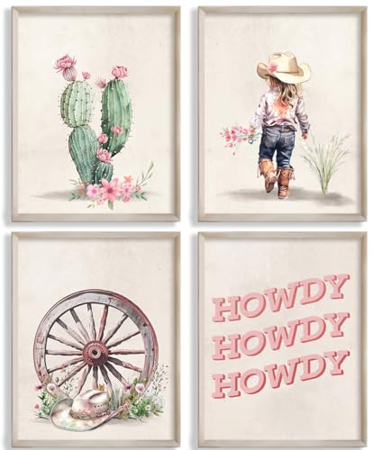 Image of MOCVSWO Western Howdy Cowgirl Cowboy Hat Cactus Desert Wall Art Prints for Cowgirl Nursery Decor Girs Room Decoration,Set Of 4(8''x10''Inches,Unframed).