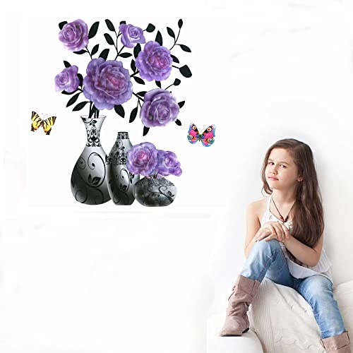 3D Vase Wall Stickers Stereo Flower Wall Decal Room Wall Stickers Removable Wall Art Decor For Bathroom Bedroom Living Room Offices Study Room Home Decoration Decal (Light Purple) #TOP4