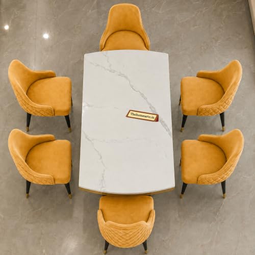 Image of 6-Seater Modern Elite Opal Storage Wooden Dining Table Set | 2 Year Warranty | Created Italian Statuario Marble Top | Elegant Composite Marble Table with 6 Chairs (Yellow)