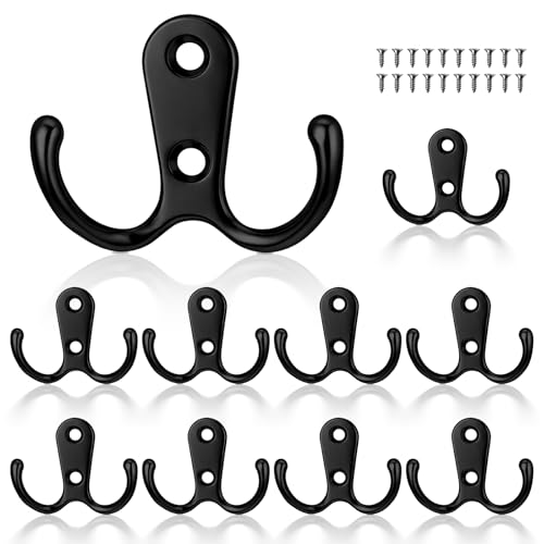 Cobee 10 Pcs Double Prong Robe Hooks, Dual Coat Hooks Cloth Hanger Metal Wall Mounted Door Hook Utility Hook for Bathroom Bedroom Kitchen Hanging Clothes Coat Bag Towel Key(Black)