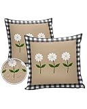YOKOU Waterproof Throw Pillow Covers, Daisy Flowers Black White Buffalo Check Plaid Decorative Pillo