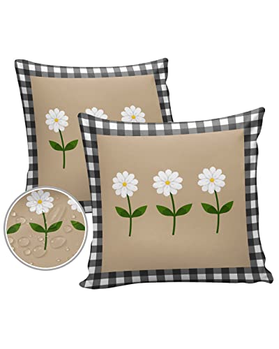 Yokou Waterproof Throw Pillow Covers, Daisy Flowers Black White Buffalo Check Plaid Decorative Pillowcase Soft Cushion Case For Patio Couch Tent Balcony, Set Of 2 Square, 18"X18" #TOP13