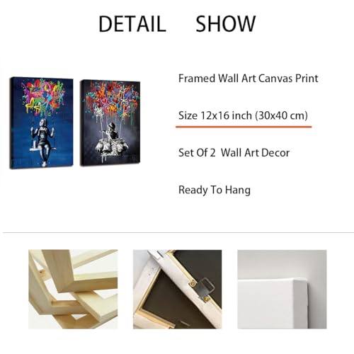 Wyahjkwt Framed Banksy Street Graffiti Wall Art Decor Large Abstract Pictures Canvas Painting Prints Colorful Modern Contemporary Poster Artwork Stretched For Wall Home Bathroom Bedroom Living Room Ready Hang thumb #1