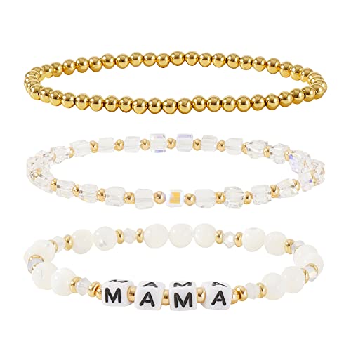 MAMA Bracelet Dainty Gold Crystal Beaded Bracelets Set for Women Stackable 14K Gold Plated Beads Nature Stone Layered Stretch Bracelets Mother's Day Gifts for Mom Grandmom - Main Image