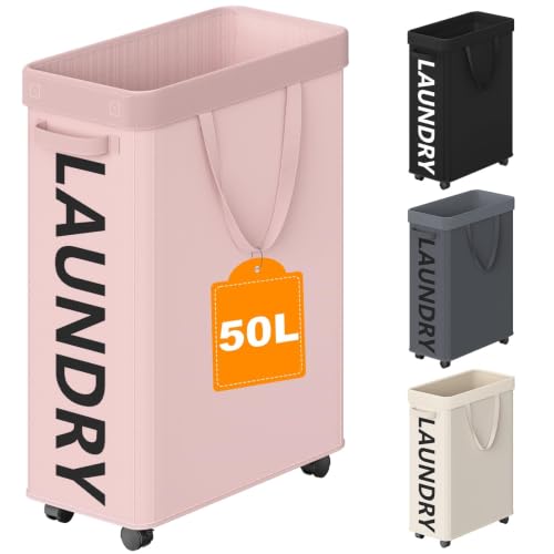 Image of Optish 50L Slim Rolling Laundry Basket with Wheels & Removable Bag, Pink
