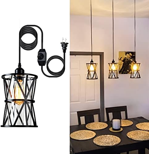 HMVPL Farmhouse Plug in Pendant Light, Outdoor Swag Lamp with Plug in Cord On/Off Dimmer, Plug in Hanging Light Fixture for Dining Room Bedroom Kitchen Island(1 Pack)
