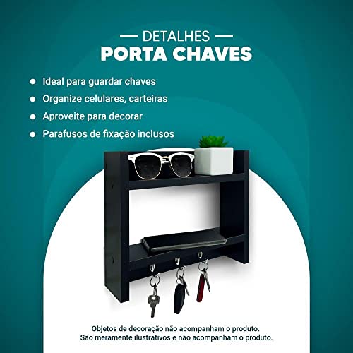 Porta Chaves de Parede com Suporte Carteira Celular Madeira Preto
