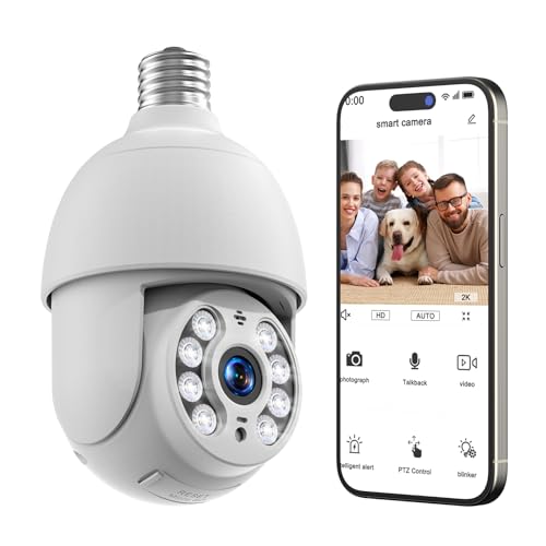 Camcamp 4MP Ampoule Camera Surveillance WiFi exterieure sans Fil, PTZ 360 degrés, Sirene Alarme, caméra cachée, Vision Nocturne Couleur, 2K Video Sécurité...