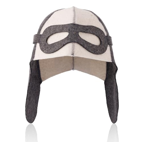 Aviator Style Wool Sauna Hat for Men Women, Unisex Felt Russian Banya Sauna Cap One Size Fits All Sauna Accessories Gifts for Steam Bath Hair Protect (White and Gray)