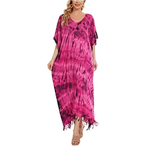 Beautybatik Fuchsia Women Hippie Tie Dye Caftan Kaftan Loungewear Maxi Plus Size Long Dress 4X Cover